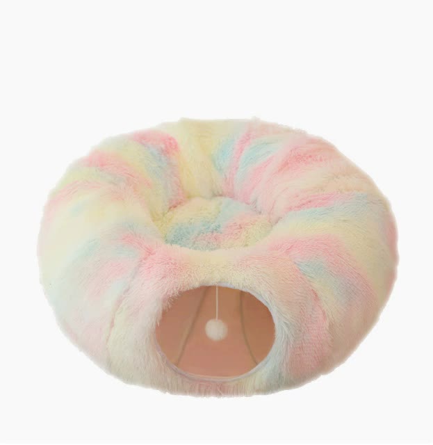 Rainbow Luxury Plush Cat Bed with Hidden Tunnel - Soft Round Pet Bed for Cats and Small Dogs