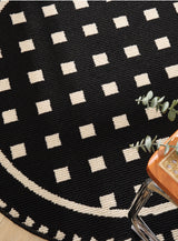 Grunge Black Modern Round Area Rug with Geometric Black and White Pattern