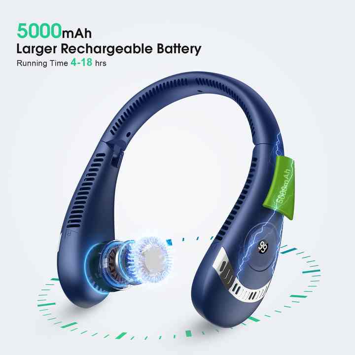 Green Rechargeable 5000mAh Portable Neck Fan with 3-Speed Settings