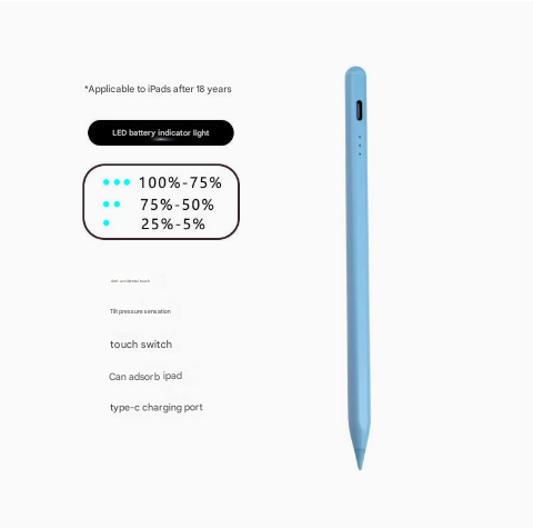 Blue Stylus Pen for iPad (2018 & Later) - Tilt Pressure, Magnetic Attachment, LED Battery Indicator, Type-C Rechargeable