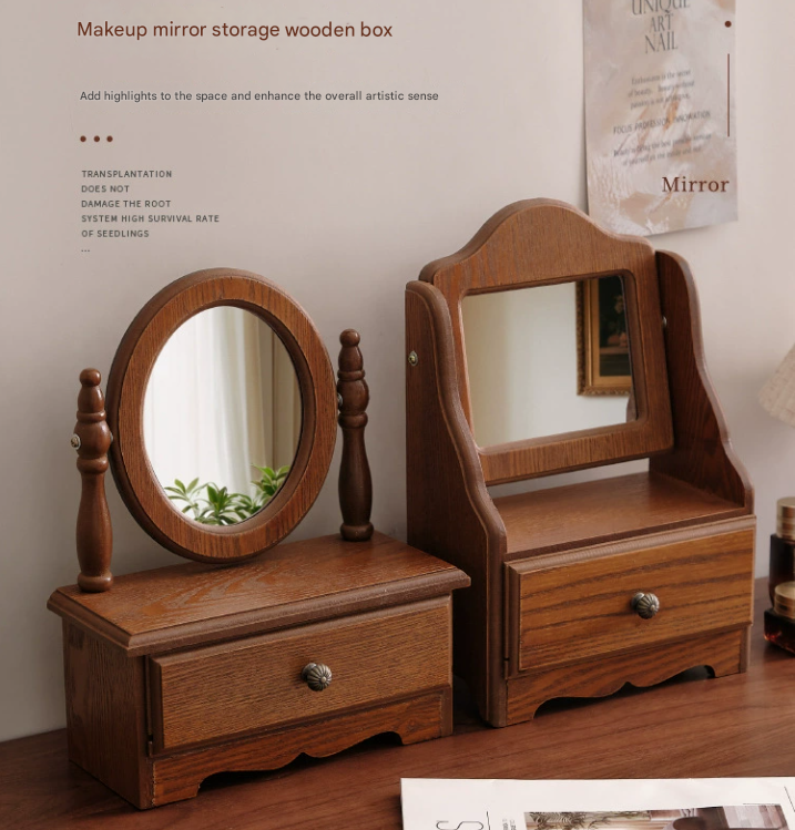 Square Wooden Tabletop Vanity Mirror with Drawer, Elegant Design