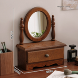 Round Mirror with Drawer Orbicular Wooden Tabletop Vanity Mirror Elegant Design