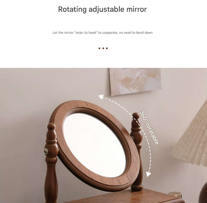 Round Mirror with Drawer Orbicular Wooden Tabletop Vanity Mirror Elegant Design