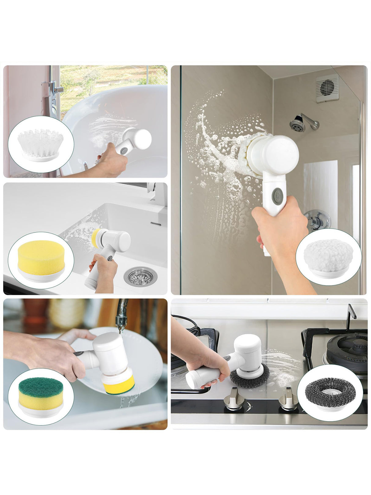 White Electric Cleaning Brush with Multiple Attachments - Rechargeable and Versatile for Home and Kitchen Use