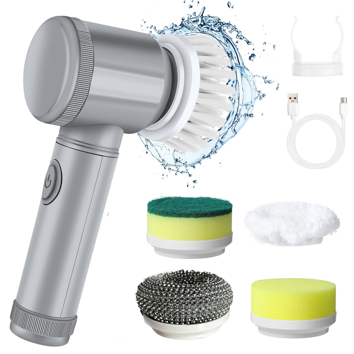 Grey Electric Cleaning Brush with Multiple Attachments - Rechargeable and Versatile for Home and Kitchen Use