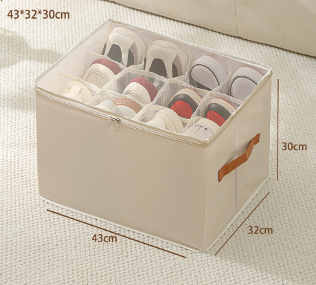 Beige Multi-Compartment Shoe Organizer Storage Box - Space-Saving and Convenient for Closet Organization