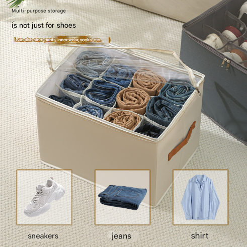 Beige Multi-Compartment Shoe Organizer Storage Box - Space-Saving and Convenient for Closet Organization