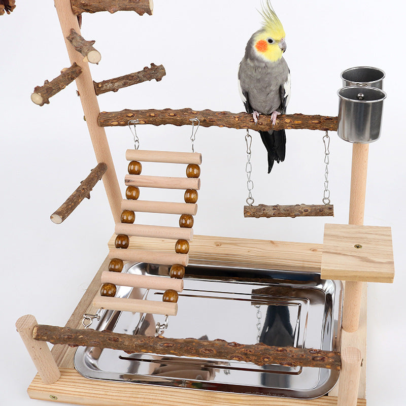 Natural Wooden Bird Play Stand - Multi-Level Parrot Perch with Toys & Ladder