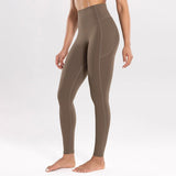 S Dark Khaki High-Waist Seamless Yoga Leggings with Pockets - Ultra Soft & Quick-Dry Workout Tights