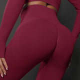 M Burgundy Seamless Butt-Lifting Yoga Leggings - High-Waist Peach Hip Workout Tights