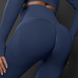 M Dark Blue Seamless Butt-Lifting Yoga Leggings - High-Waist Peach Hip Workout Tights