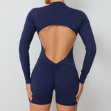 M Black Backless Scrunch Butt Workout Jumpsuit - Long-Sleeve Open-Back Yoga Romper