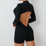 L Black Backless Scrunch Butt Workout Jumpsuit - Long-Sleeve Open-Back Yoga Romper