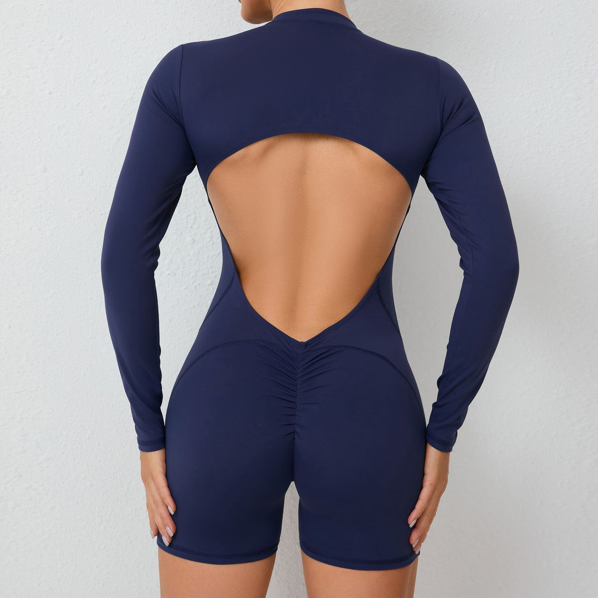 S Grey Backless Scrunch Butt Workout Jumpsuit - Long-Sleeve Open-Back Yoga Romper