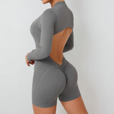 L Grey Backless Scrunch Butt Workout Jumpsuit - Long-Sleeve Open-Back Yoga Romper