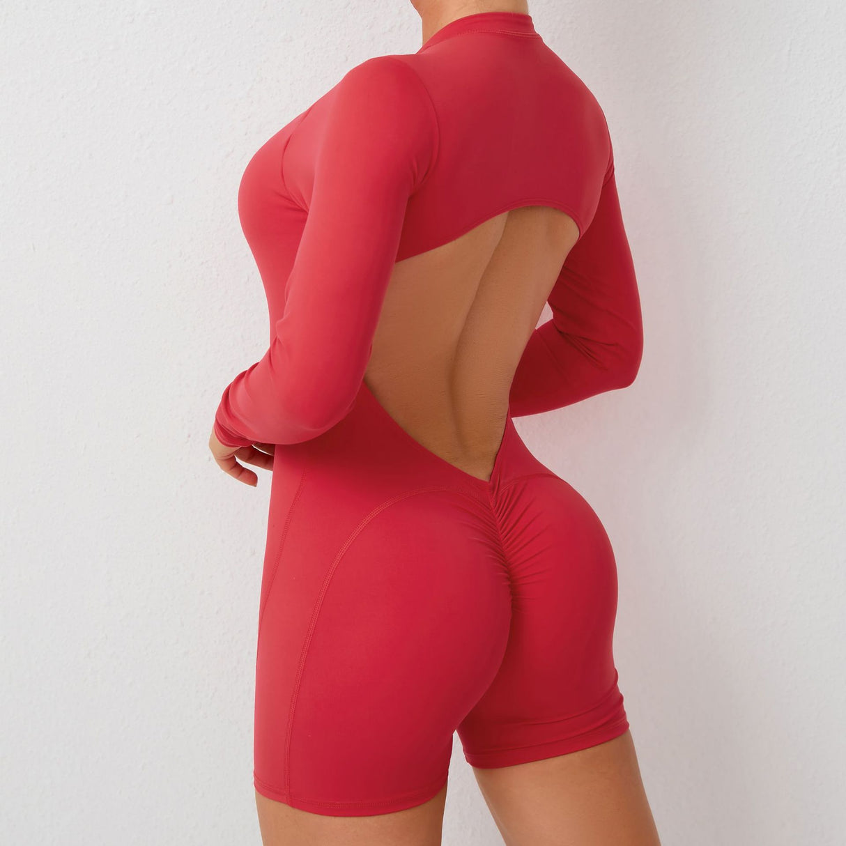 M Red Backless Scrunch Butt Workout Jumpsuit - Long-Sleeve Open-Back Yoga Romper