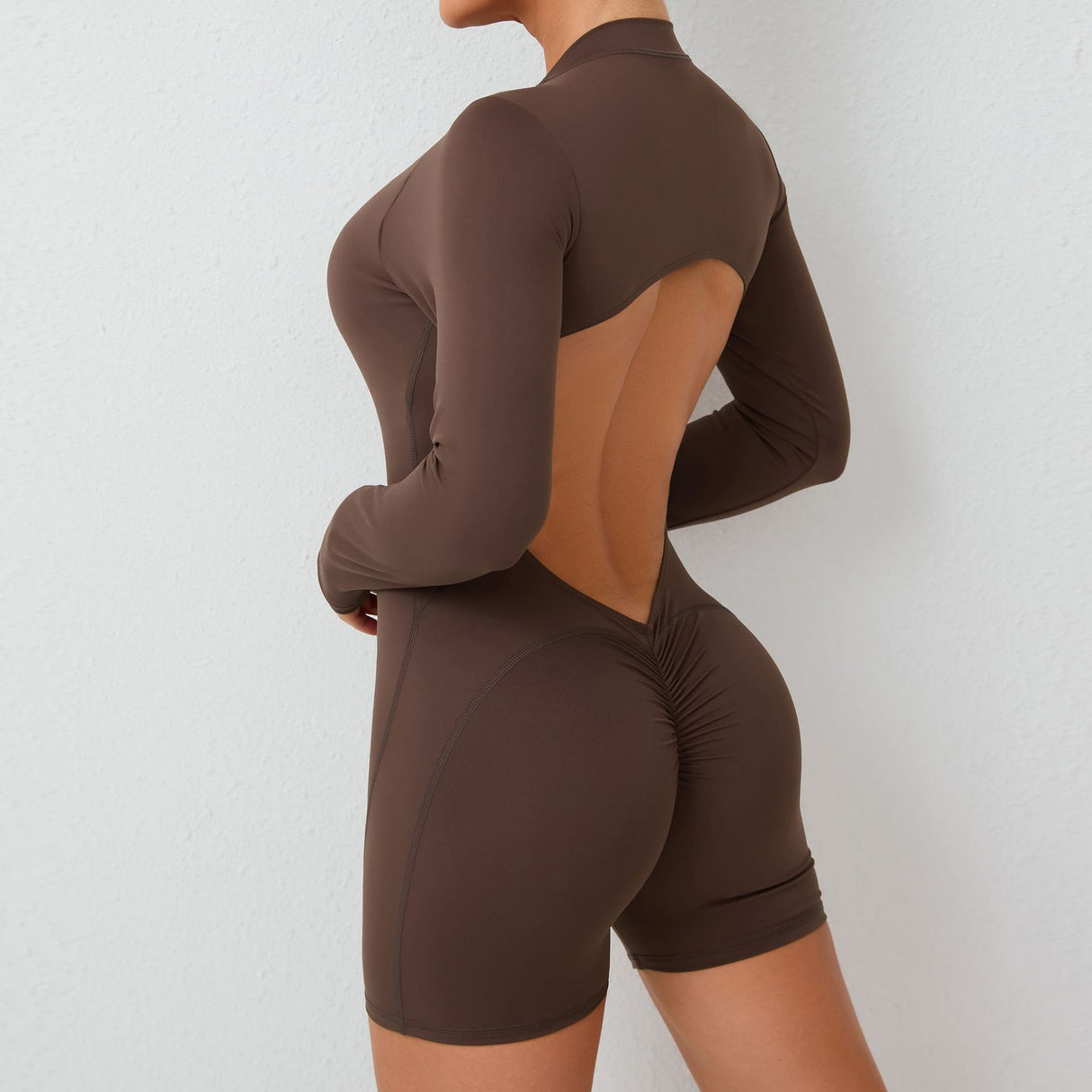 M Brown Backless Scrunch Butt Workout Jumpsuit - Long-Sleeve Open-Back Yoga Romper