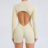 L Beige Backless Scrunch Butt Workout Jumpsuit - Long-Sleeve Open-Back Yoga Romper