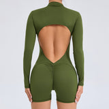 S Green Backless Scrunch Butt Workout Jumpsuit - Long-Sleeve Open-Back Yoga Romper