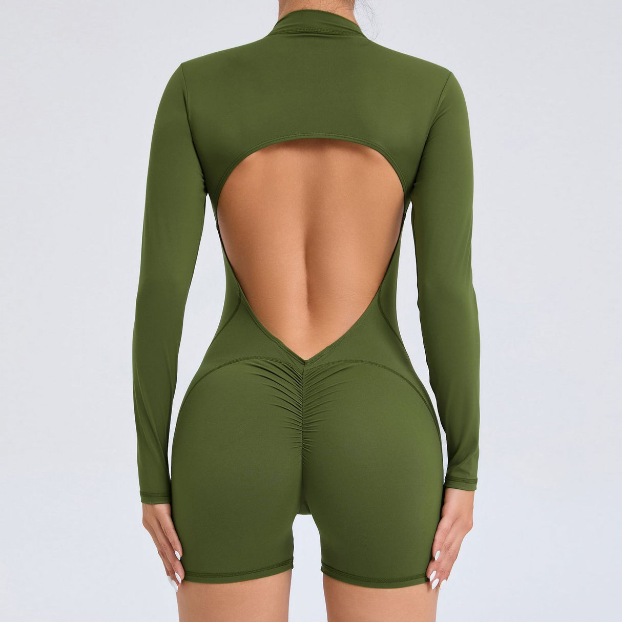 L Green Backless Scrunch Butt Workout Jumpsuit - Long-Sleeve Open-Back Yoga Romper