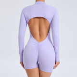 L Purple Backless Scrunch Butt Workout Jumpsuit - Long-Sleeve Open-Back Yoga Romper