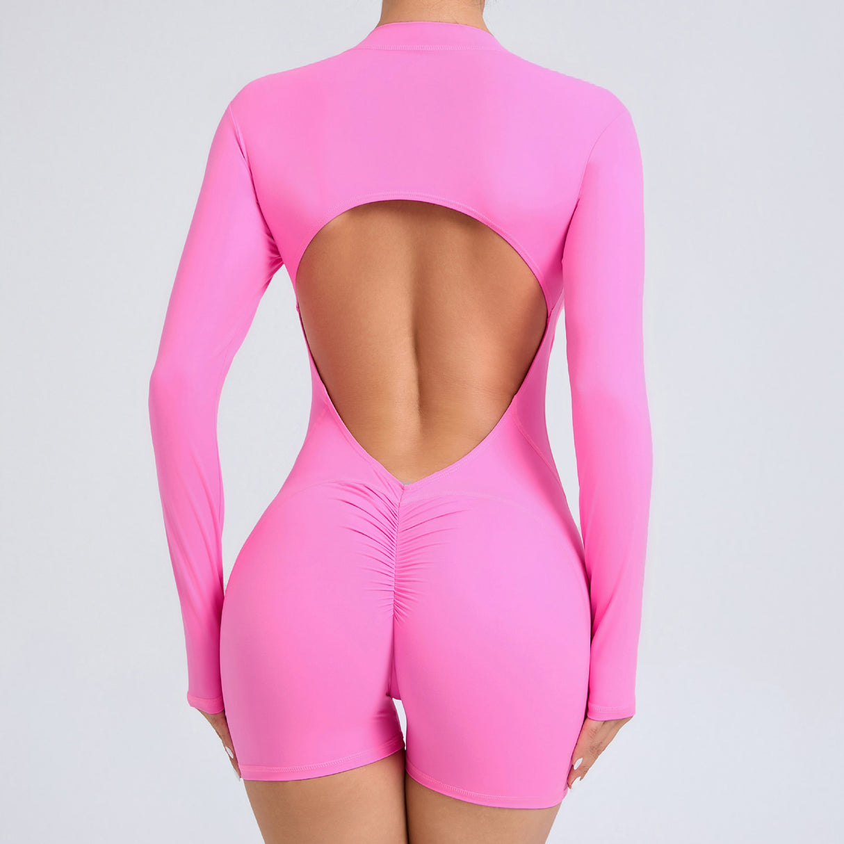 M Pink Backless Scrunch Butt Workout Jumpsuit - Long-Sleeve Open-Back Yoga Romper