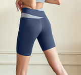 S Blue Color-Block High-Waist Yoga Shorts - Seamless Scrunch Butt Anti-Chafing Workout Shorts