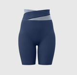 L Blue Color-Block High-Waist Yoga Shorts - Seamless Scrunch Butt Anti-Chafing Workout Shorts