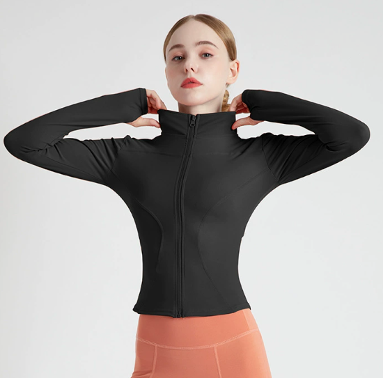 L Black High-Stretch Slim Fit Yoga Jacket - Full Zip Workout Sports Jacket for Women