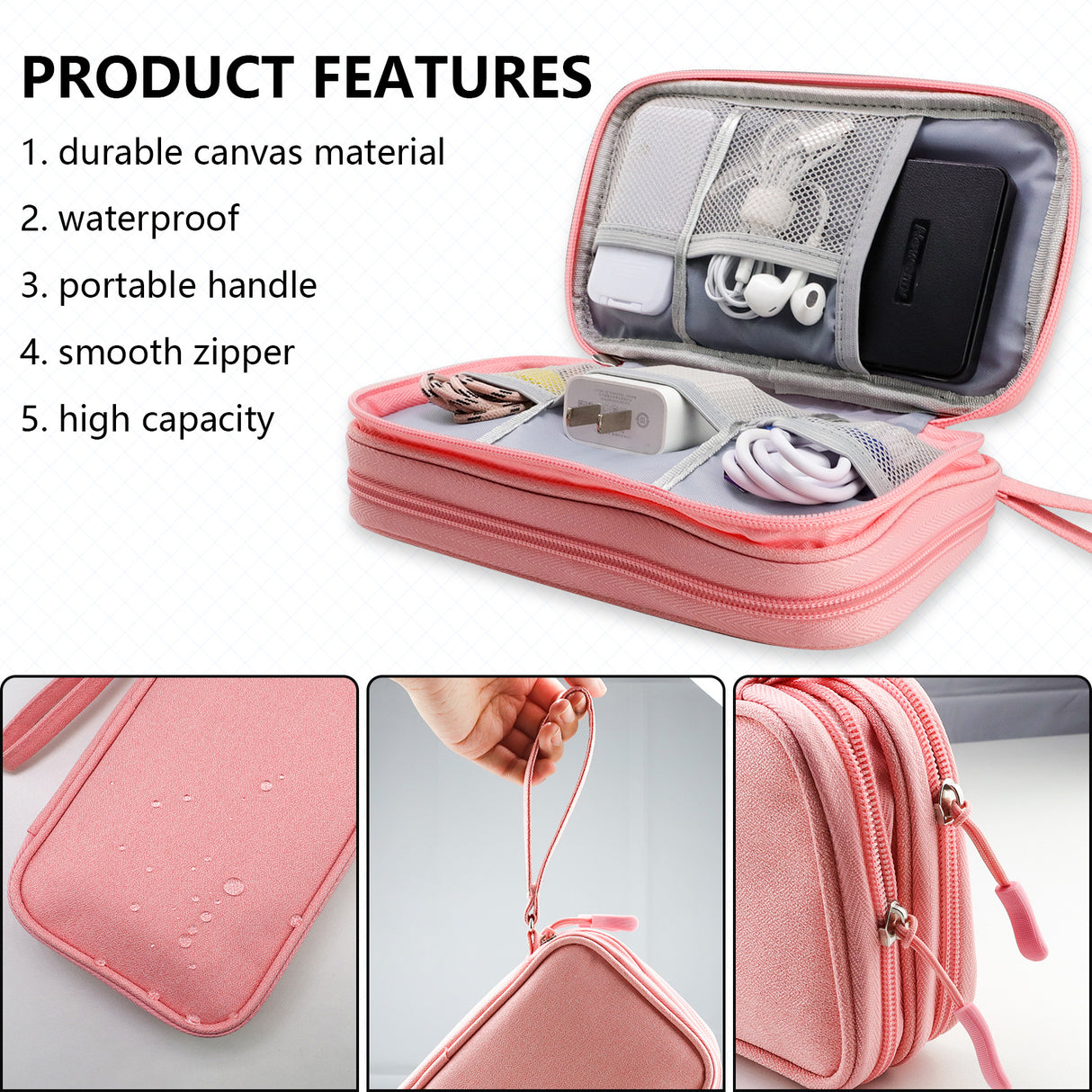 Pink Portable Digital Organizer Bag - Multifunctional Storage for Power Banks, Cables, and Accessories(Photography Props Not Included)