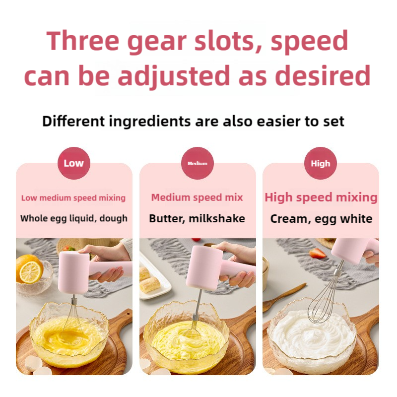 Pink Portable Electric Egg Beater with 3-Speed Adjustment, Dual Whisks, and Type-C Charging