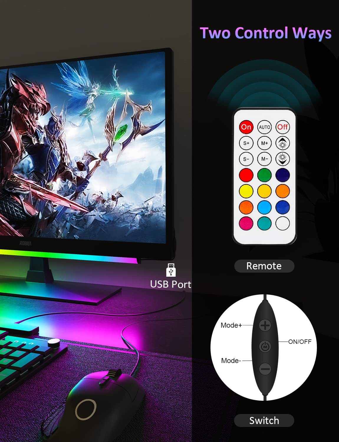 1 Piece RGB LED Gaming Light Bar - Dual Color Temperature & Adjustable RGB Effects, USB-Powered Backlight for Monitors, Remote & Button Control, 30cm Lightweight Design