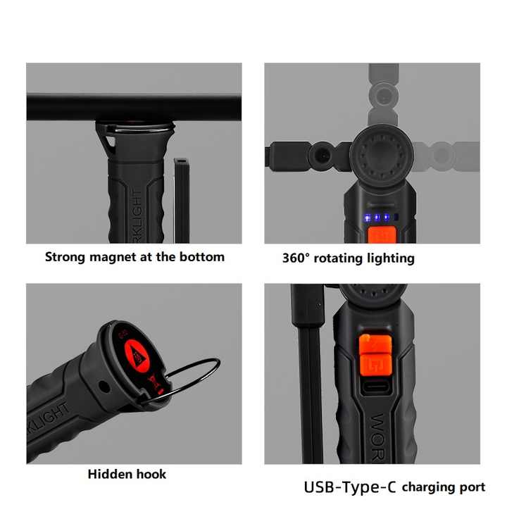 2 Pcs Black 360° Rotating COB LED Magnetic Work Light - Multi-Mode Rechargeable Flashlight for Automotive Repair & Emergency Lighting