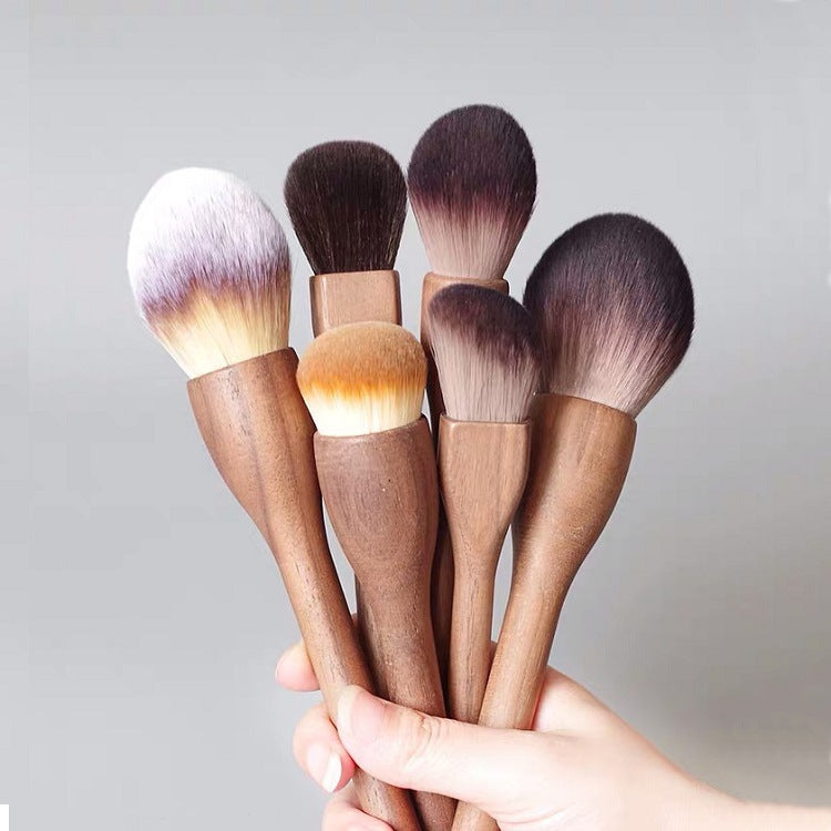 Flat Head Blush Brush Walnut Wood Makeup Brush Set - Powder, Blush, and Contour Brushes with Soft Fiber Bristles