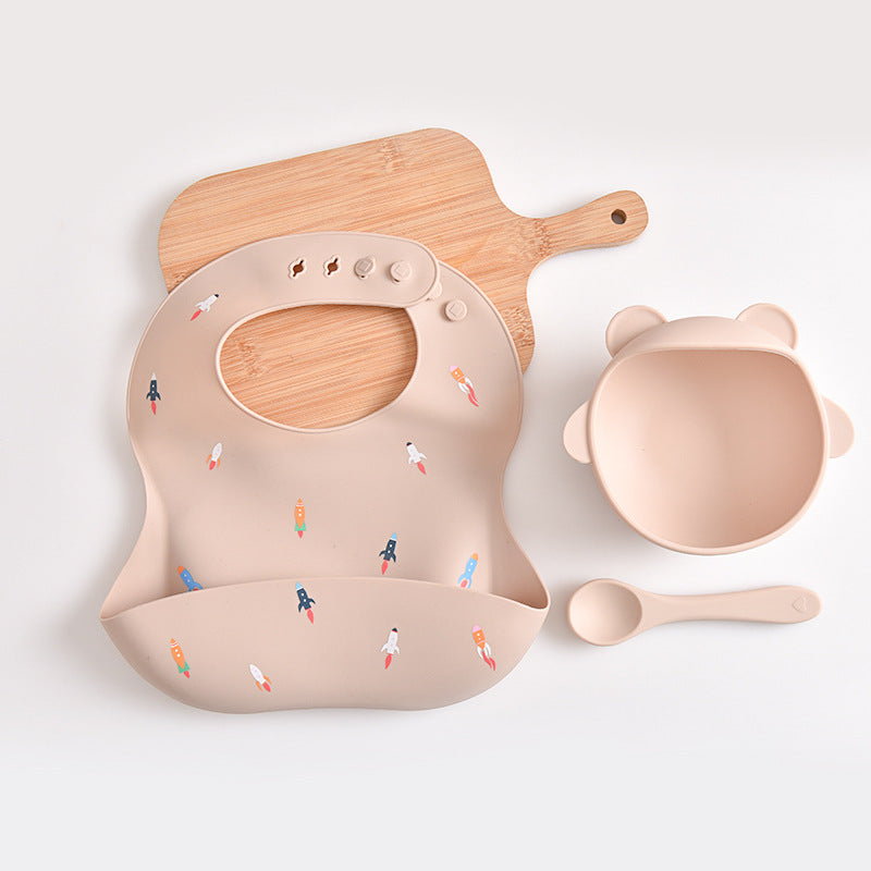 Rocket Pattern Beige Soft and Safe Silicone Baby Feeding Set - Bib, Bowl, and Spoon Combo for Mess-Free Meals