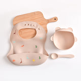 Dinosaur Pattern Beige Soft and Safe Silicone Baby Feeding Set - Bib, Bowl, and Spoon Combo for Mess-Free Meals