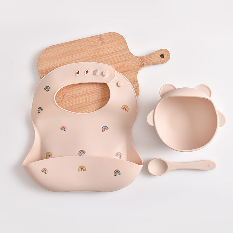 Rainbow Pattern Beige Soft and Safe Silicone Baby Feeding Set - Bib, Bowl, and Spoon Combo for Mess-Free Meals