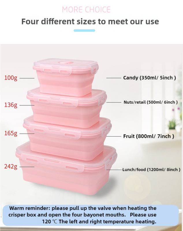 Pink Collapsible Silicone Bento Box Set – 4-Piece Food-Grade Microwave & Freezer Safe Lunch Box Set