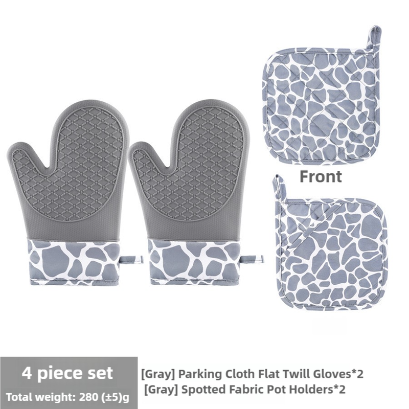 Grey 4-Piece Set High-Temperature Resistant Silicone and Cotton Oven Mitts and Pot Holders Set – Heat-Resistant, Non-Slip, Food-Grade Kitchen Gloves for Baking, Cooking, and Grilling