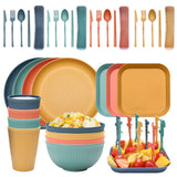 Four-person Set Multicolor Eco-Friendly Wheat Straw Dinnerware Set,  Plate, Bowl, Cup & Utensil Set - Lightweight, Reusable, and Durable for Home, School, and Travel