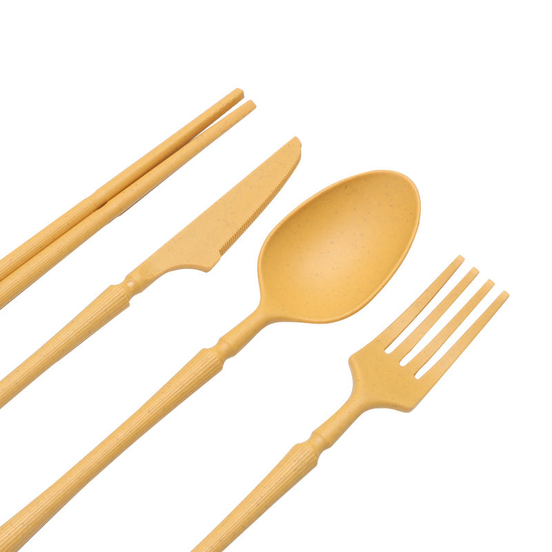 Four-person Set Yellow Eco-Friendly Wheat Straw Dinnerware Set,  Plate, Bowl, Cup & Utensil Set - Lightweight, Reusable, and Durable for Home, School, and Travel