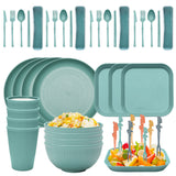 Four-person Set Green Eco-Friendly Wheat Straw Dinnerware Set,  Plate, Bowl, Cup & Utensil Set - Lightweight, Reusable, and Durable for Home, School, and Travel