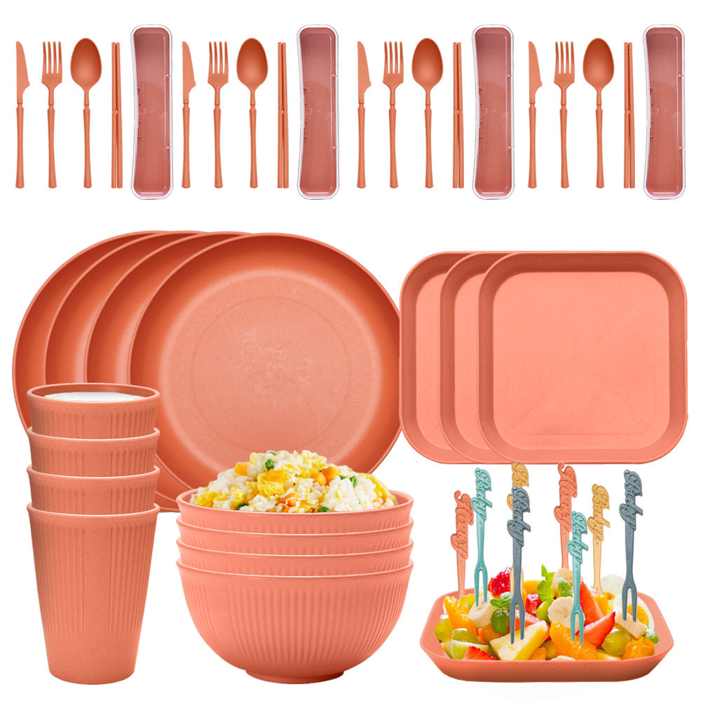 Four-person Set Orange Eco-Friendly Wheat Straw Dinnerware Set,  Plate, Bowl, Cup & Utensil Set - Lightweight, Reusable, and Durable for Home, School, and Travel