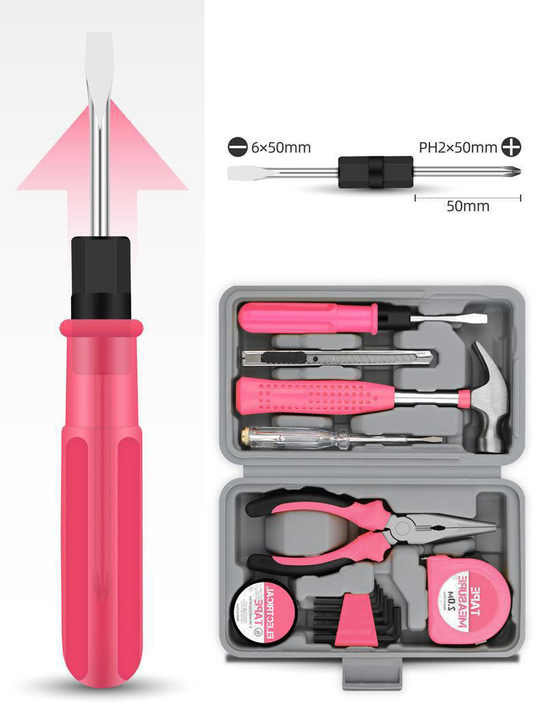 13-Piece Pink Household Tool Set, Complete Home Repair Kit with Tape Measure, Screwdrivers, Hammer, and Pliers