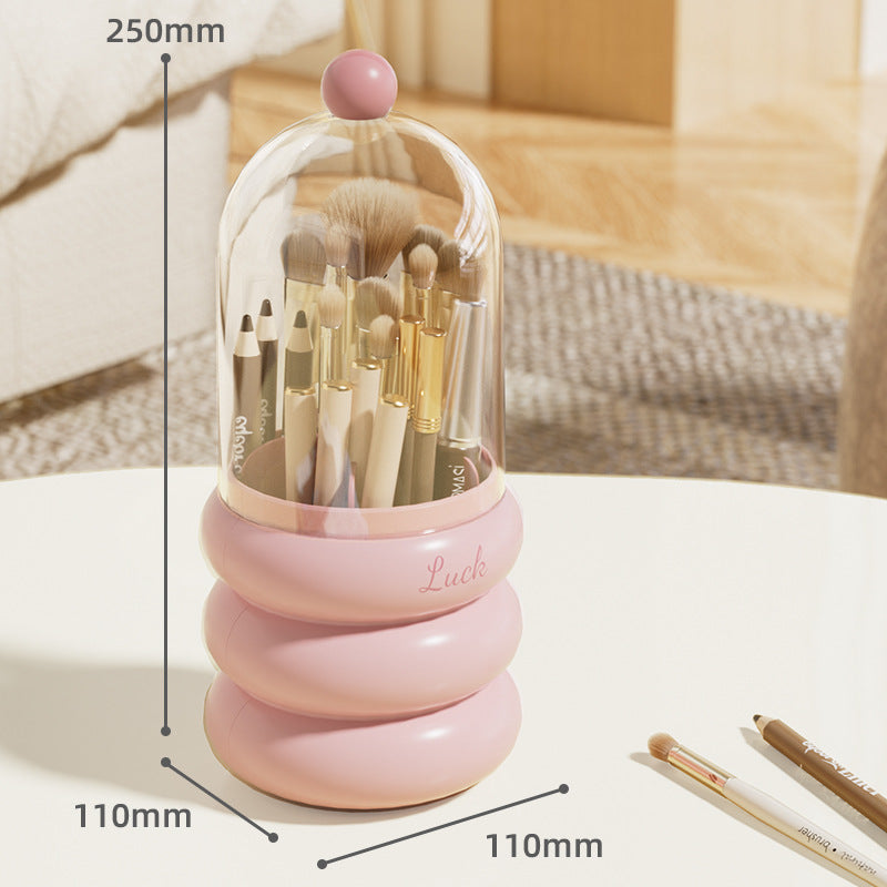 Pink 360° Rotating Makeup Brush Holder with Clear Dome – Stylish Organizer for Vanity, Desk, and Bathroom