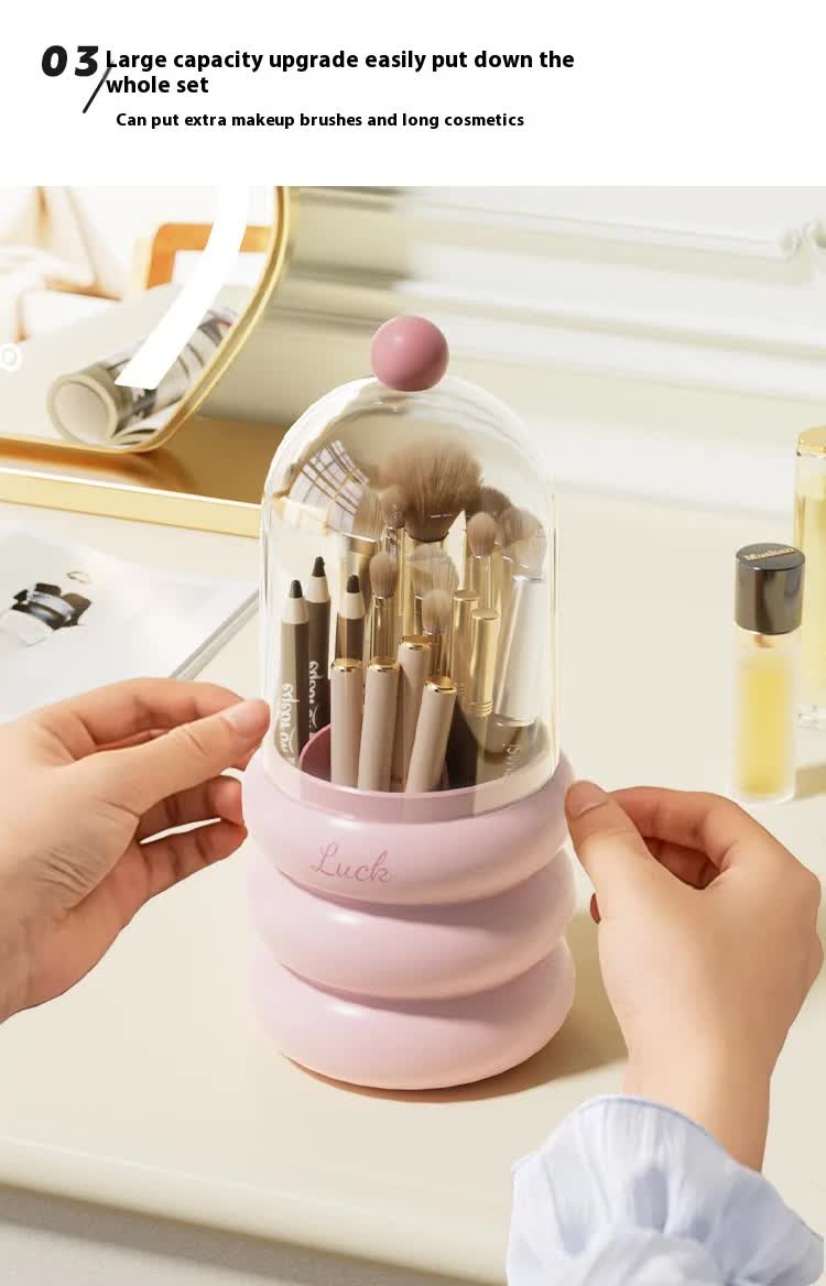 Yellow 360° Rotating Makeup Brush Holder with Clear Dome – Stylish Organizer for Vanity, Desk, and Bathroom