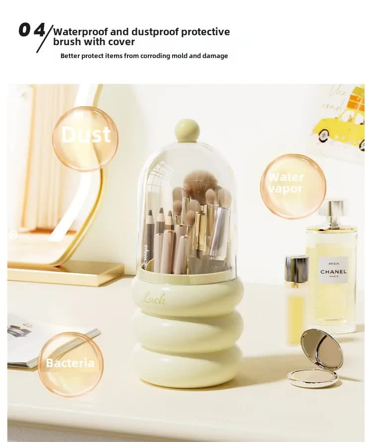 Yellow 360° Rotating Makeup Brush Holder with Clear Dome – Stylish Organizer for Vanity, Desk, and Bathroom