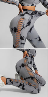 Light Gray Size S Tie-Dye Yoga Set Long Sleeve Butt Lift Leggings Seamless Workout Training Gym Clothes