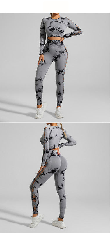 Light Gray Size S Tie-Dye Yoga Set Long Sleeve Butt Lift Leggings Seamless Workout Training Gym Clothes