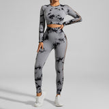 Light Gray Size M Tie-Dye Yoga Set Long Sleeve Butt Lift Leggings Seamless Workout Training Gym Clothes